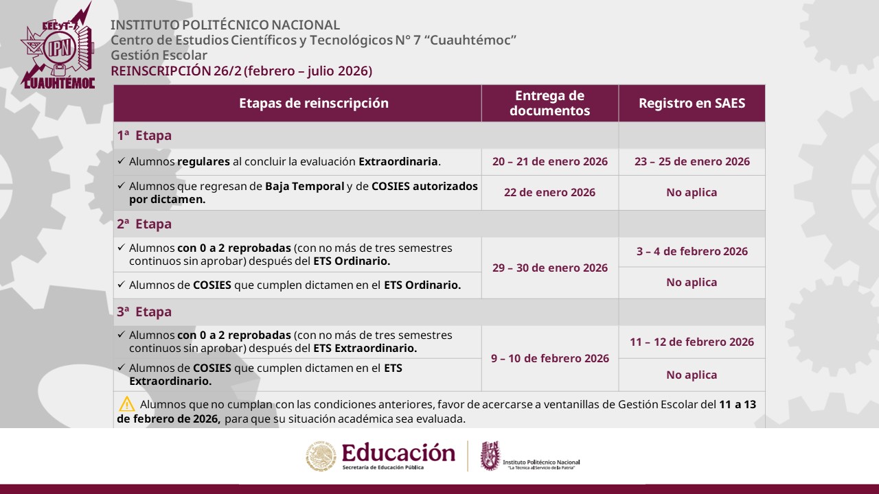 Calendario de etapas de reinscripción, periodo 2026/2 (febrero - julio 2026)